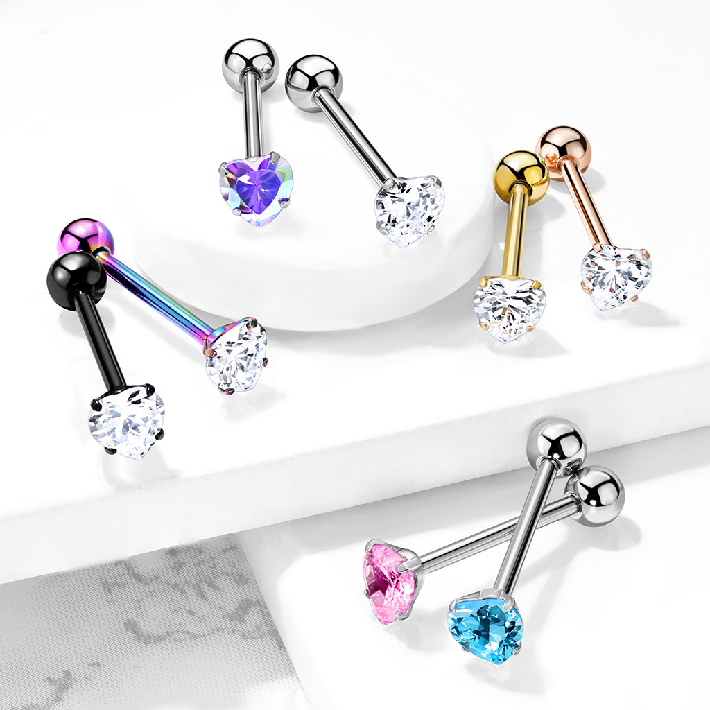 Língua piercing com pedra de coração fixa