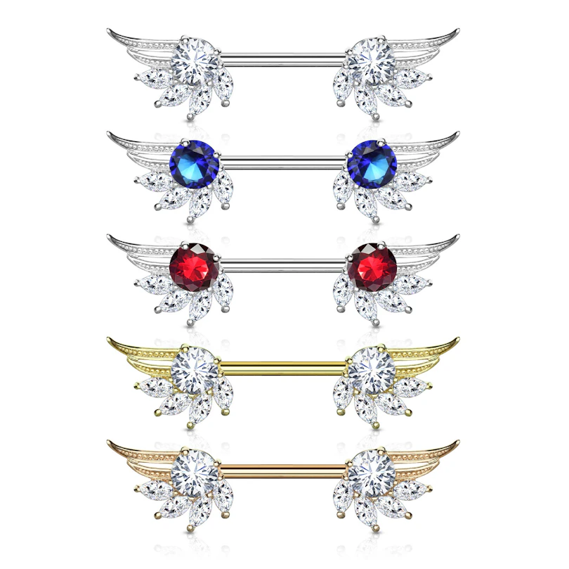 Barbell de mamilo com asas de anjo e pedras em forma de marquesa